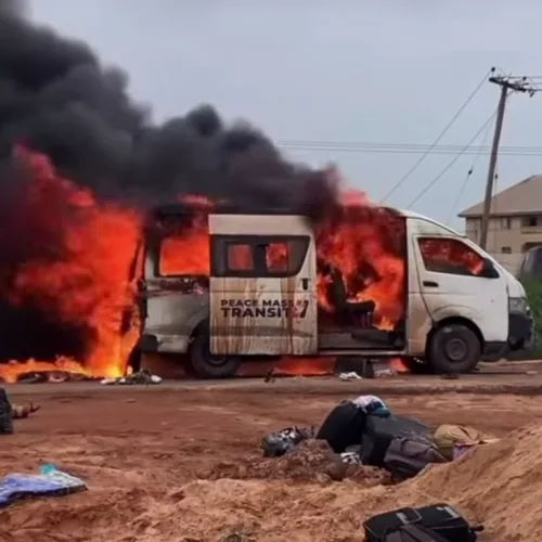 Peace Mass Transit Bus Gutted by Fire After Overheating Incident Near Thinkers Corner, Enugu
