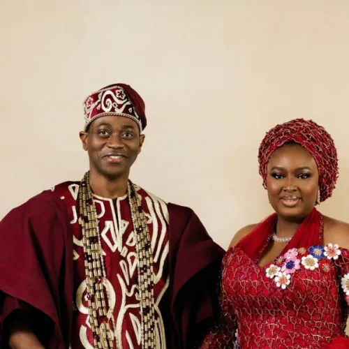 Mo Bimpe &amp; Lateef Adedimeji Stepped Out in Stunning Burgundy Looks for Their Triplets’ Thanksgiving