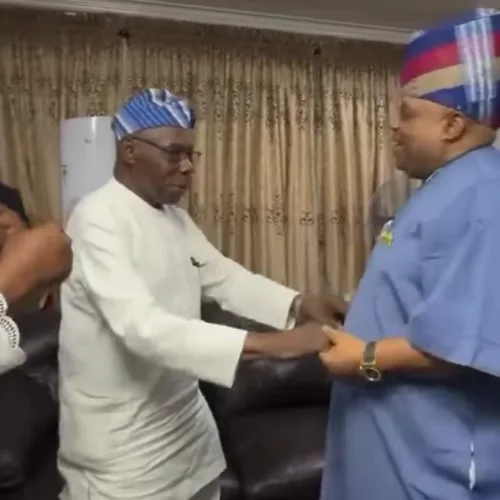Obasanjo Pays Congratulatory Visit to Adeleke, They Set Social Media Ablaze With Dance Moves (Video)