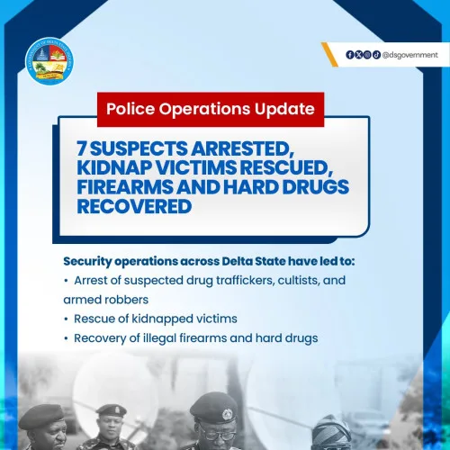 Police Arrest Seven Suspects, Rescue Kidnap Victims, Recover Arms and Drugs in Delta